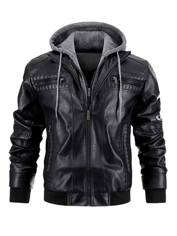 Men'S Leather Jacket Motorcycle Slim Fit Hooded PU Coat Top Autumn Winter Casual Windproof Men'S Clothing Detachable Hat S-XXXL