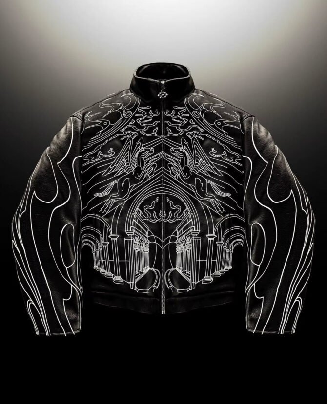 Y2K Jackets for Men Gothic Retro Black Leather Jacket Oversized Line Pattern Harajuku Punk Long Sleeve Zipper Jacket Clothing