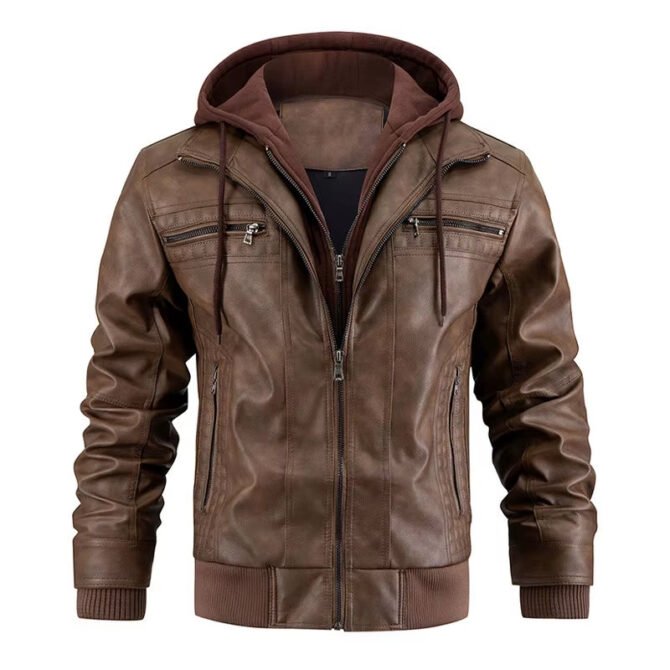 Men'S Leather Jacket Motorcycle Slim Fit Hooded PU Coat Top Autumn Winter Casual Windproof Men'S Clothing Detachable Hat S-XXXL