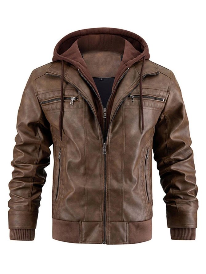 Men'S Leather Jacket Motorcycle Slim Fit Hooded PU Coat Top Autumn Winter Casual Windproof Men'S Clothing Detachable Hat S-XXXL