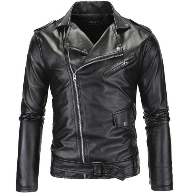 The best Slim Casual Leather Jacket With Lapel mens Diagonal Zipper